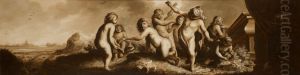 A group of putti in a landscape playing blind man's bluff by Moses van Uyttenbroeck
