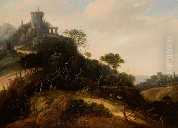An imaginary mountainous landscape, with figures, animals, and castle ruins beyond - view 1