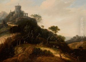 An imaginary mountainous landscape, with figures, animals, and castle ruins beyond by Abraham Blommaert