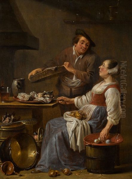 A kitchen maid and a fishmonger in an interior - view 1