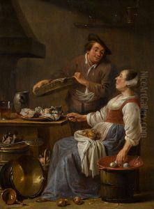 A kitchen maid and a fishmonger in an interior