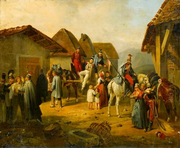 Soldiers Resting in a Village, A Cavalry Officer Holding an Austrian Banner - view 1