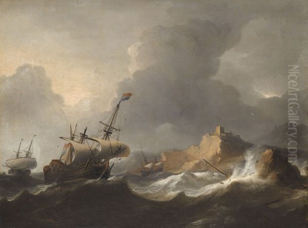 Ships in distress off a rocky coast - view 1