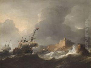 Ships in distress off a rocky coast