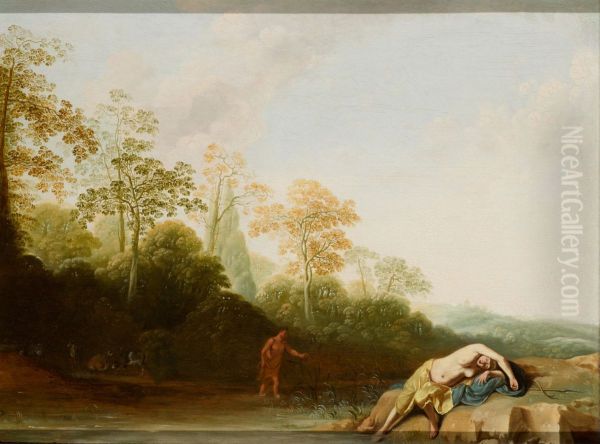 A wooded landscape with a nymph resting beside a river - view 1