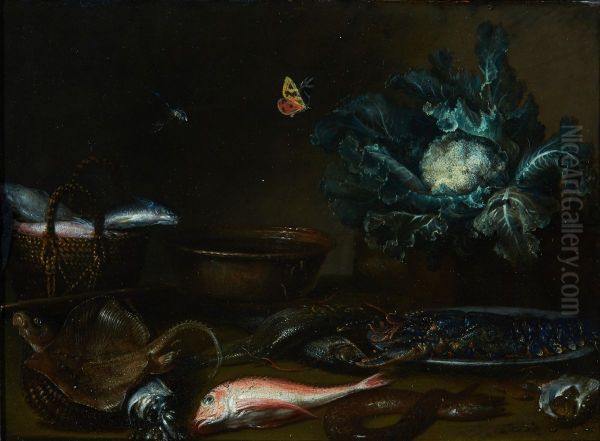 Kitchen still-life with fish, a lobster, and a cauliflower all on a table top, with a butterfly and a dragonfly - view 1