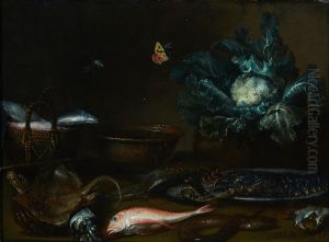 Kitchen still-life with fish, a lobster, and a cauliflower all on a table top, with a butterfly and a dragonfly by Otto Marseus van Schrieck