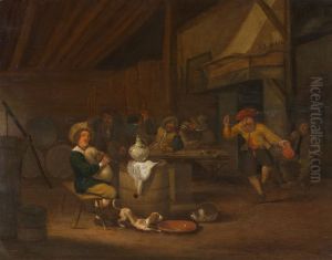 A tavern interior with peasants gathered around a table