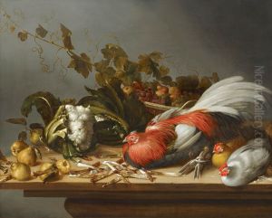 Still Life with Rooster and Chickens on a Table Top