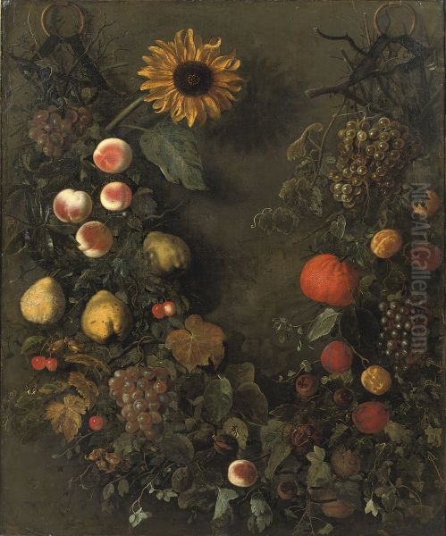 Fruit garland with grapes, peaches, mandarins, cherries, pears and other fruit, with butterflies and a sunflower - view 1
