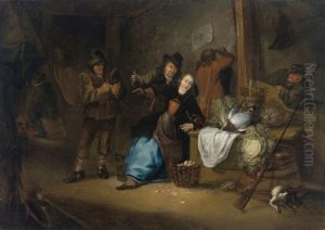 A rustic interior with a seated woman and other figures making merry