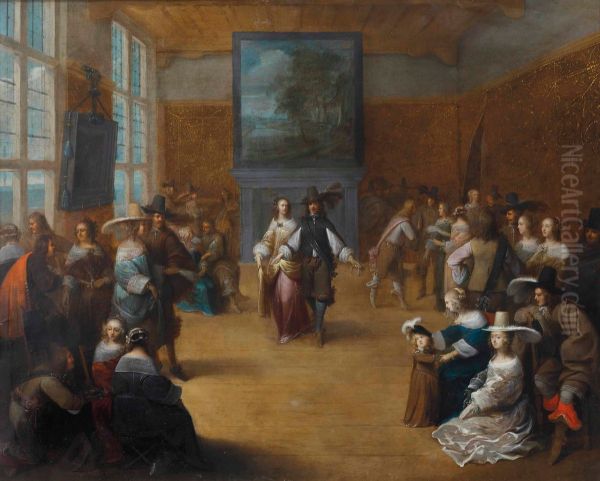 An elegant party in a palace interior with figures conversing and dancing - view 1