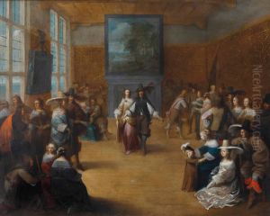 An elegant party in a palace interior with figures conversing and dancing