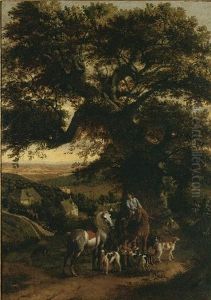 Landschap met jagers en meute by Johannes Siberechts