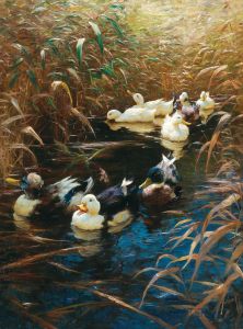 Ducks in autumn reeds by Alexander Koester