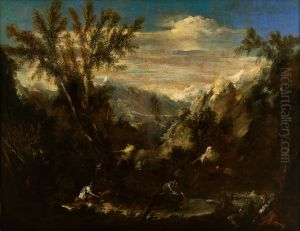 Alpine landscape with figures by Alessandro Magnasco