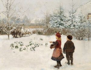 Two children feeding birds in the snow.