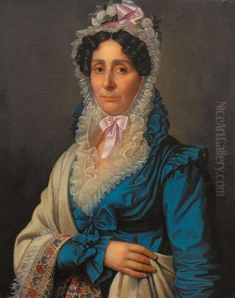 Portrait einer Dame mit weisser Spitzenhaube, blauem Taftkleid und beigem Umhang. - view 1