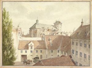 Rooftop view from Hauserplads in Copenhagen, showing "Gaestgivergarden" and "Gamle Avlsgard" in Suhmsgade and Trinitatis Church with Rundetarn in the background. by Heinrich Gustav Ferdinand Holm