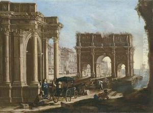 View of the Arch of Constantine with figures by Johannes Lingelbach