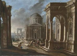 Architectural landscape with figures on a coast