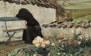 A young woman in black on a bench at the cemetary of Flong church. by Laurits Andersen Ring