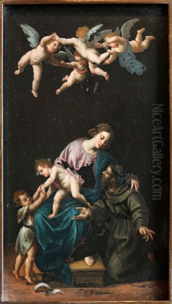 madonna col bambino e i ss. giovannino e francesco, su pietra di paragone - view 1