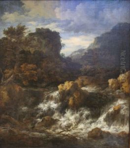 Waterfall with a castle on a hill by Jacob Van Ruisdael
