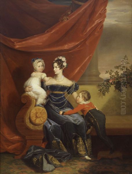 Portrait of the Empress Alexandra Feodorovna of Russia, nee Charlotte of Prussia with her two eldest children, Alexander and Maria Nikolaevna. - view 1