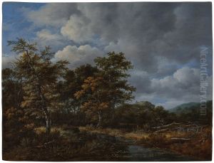 A wooded landscape with a quiet stream and a group of trees at left by Jacob Van Ruisdael