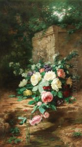 Flowers by an ancient fountain by Alexandre Gamba de Preydour