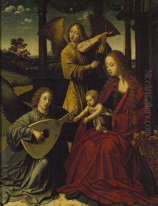 Maria met Kind en musicerende engelen by Master Of The Morrison Triptych