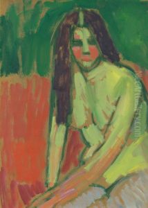 Half-nude figure with long hair sitting bent