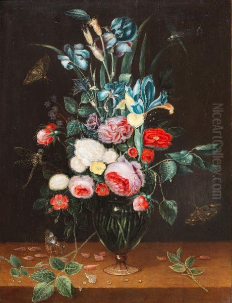 Irises, roses and other flowers in a glass vase on a wooden table with butterflies and dragonflies - view 1