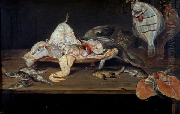 Still life with fish and a cat behind the table - view 1