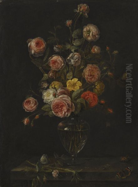A still life with red, white and pink roses in a glass vase over a stone ledge with butterflies, a grasshopper and a beetle - view 1