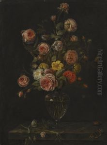 A still life with red, white and pink roses in a glass vase over a stone ledge with butterflies, a grasshopper and a beetle