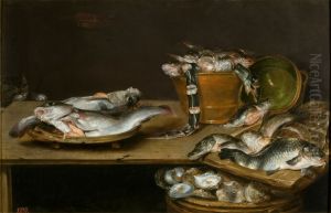 Still life of table with fish, oysters and a cat