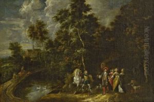 Forest landscape with elegant travellers by Alexander Casteels the Elder