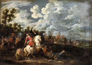 Cavalry engagement by Alexander Casteels the Elder