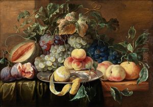 Fruit still life with grapes, figs, melon, peaches and lemon on a tin bowl by Alexander Coosemans