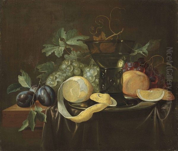 Fruit, a pewter dish and a roemer on a partially draped table - view 1