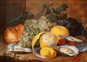 Still Life of Grapes, Lemons, Cherries, Oysters and a Bread Roll by Alexander Coosemans