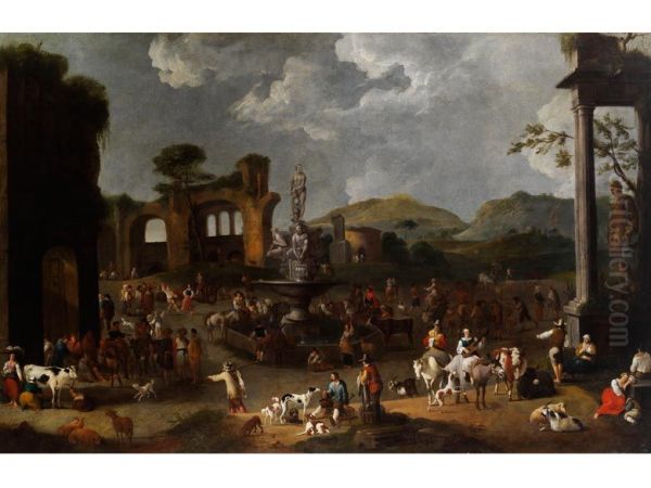 Large pastoral festival among ancient ruins - view 1