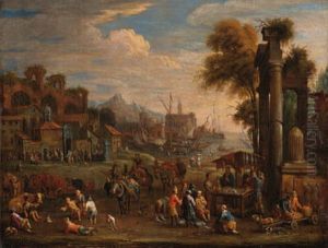 Peasants by a Mediterranean harbour with classical ruins; and Shepherds, peasants and merchants with classical ruins by Alexander van Bredael
