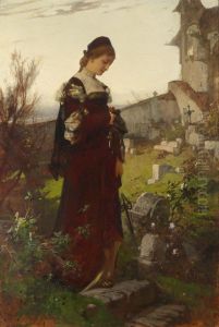 Madchen auf einem Friedhof by Sandor Liezen-Mayer