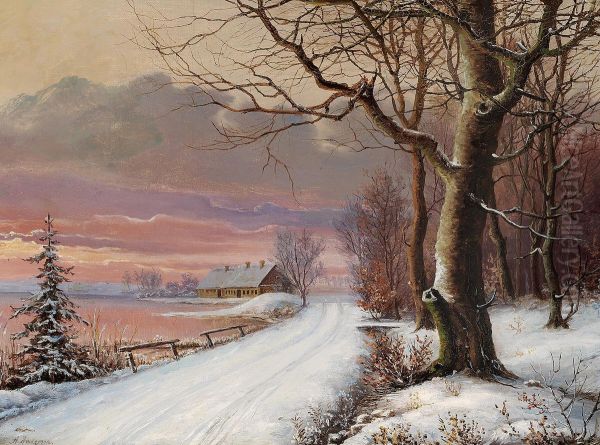 A winter landscape with a farm at sunset. - view 1