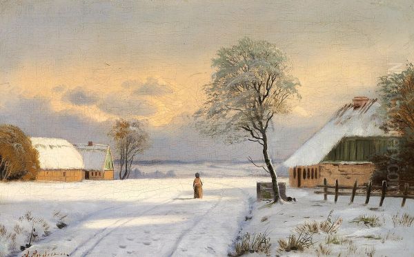 A snow covered road with a woman. - view 1