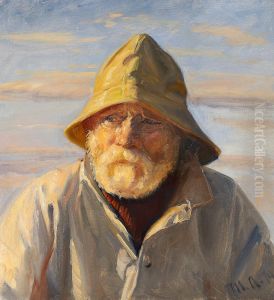 En skagensfisker med sydvest. by Michael Peter Ancher