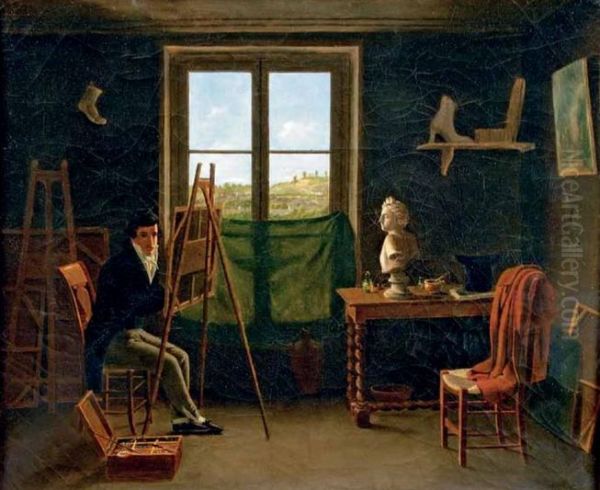 Self-portrait of the painter Mathieu Cochereau in his studio - view 1